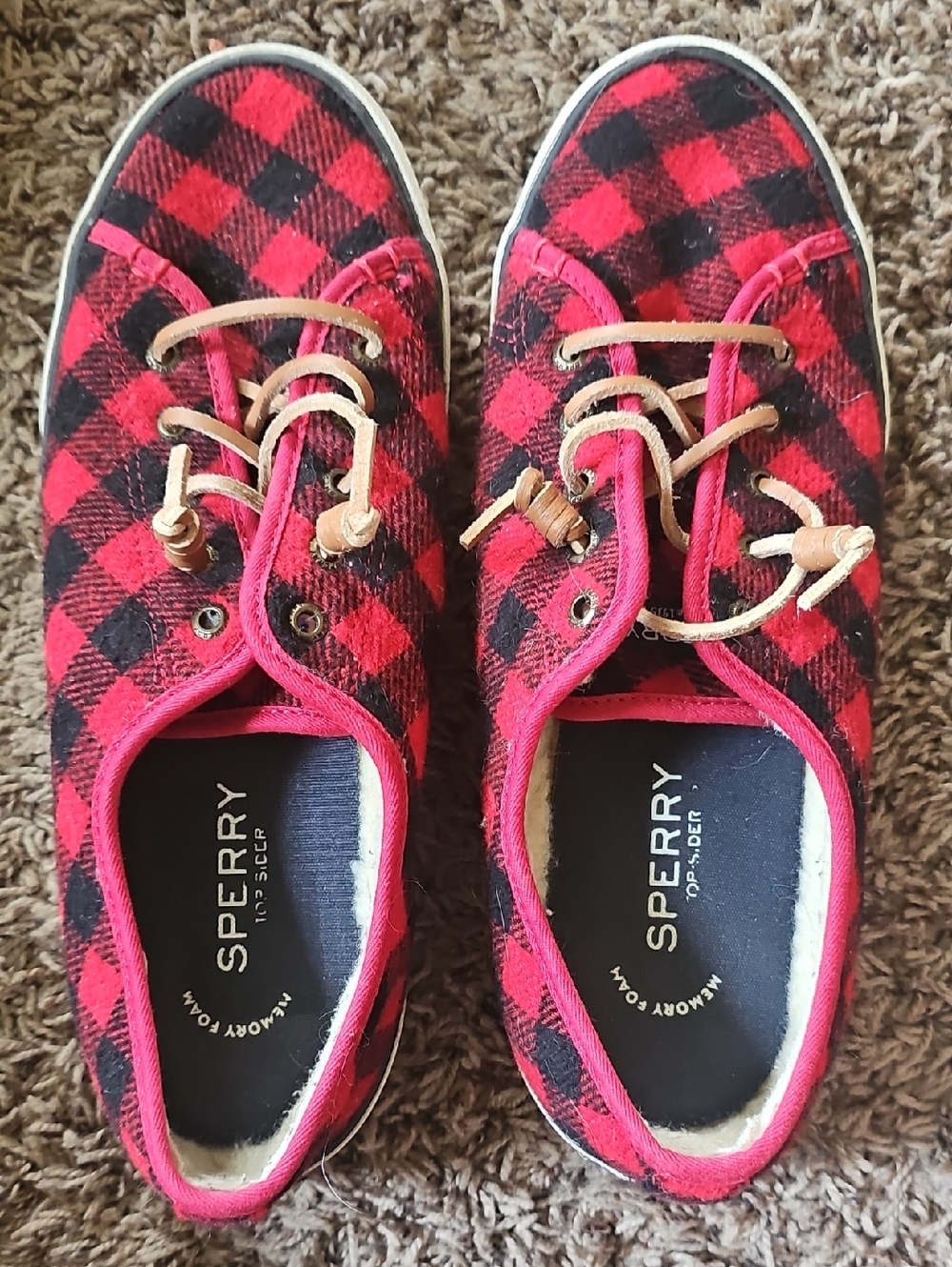 Sperry Red & Black Buffalo Plaid Slip-On Sneakers with Tan Laces